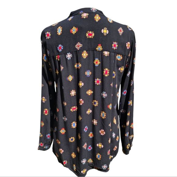 Zara -1824 Jewel Print Button Up Shirt Long Sleeve Black Multicolor Medium - Picture 5 of 8